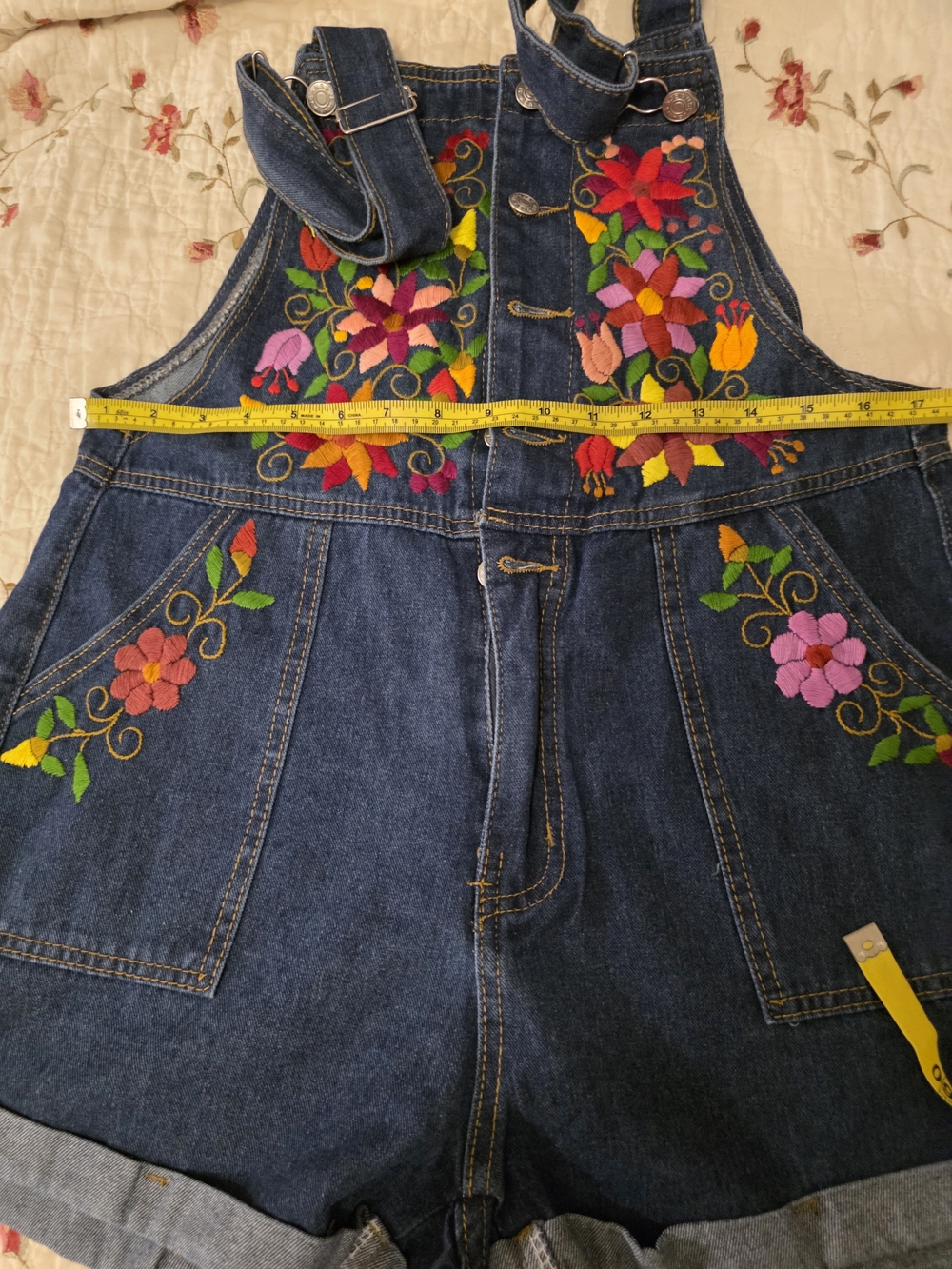 HandEmbroidered Floral Denim Short Overalls - Multicolor Flowers